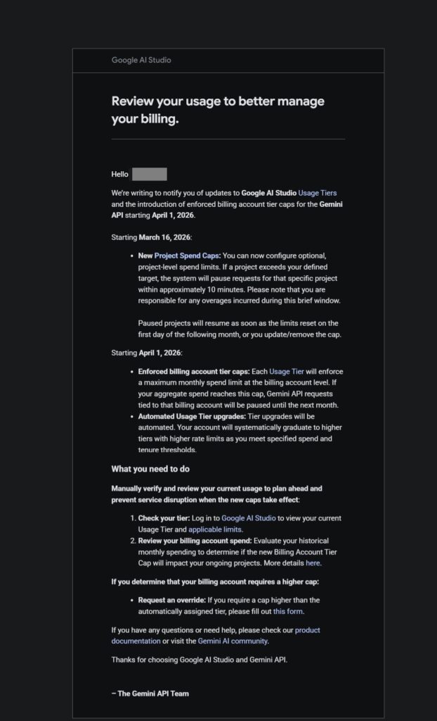 Gemini API update on introducing billing caps starting April 2026