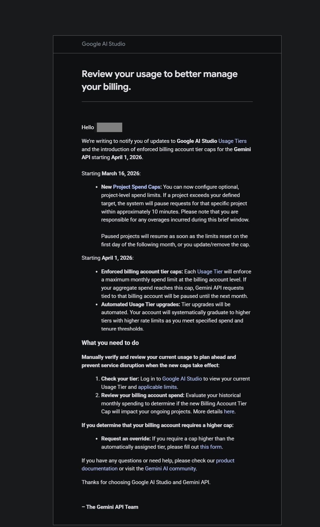 Gemini API update on introducing billing caps starting April 2026