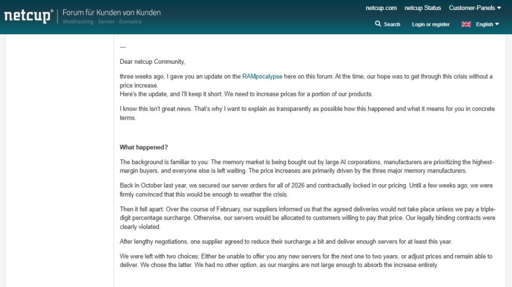 Netcup Update on Hosting Price Increase due to Memory Shortage