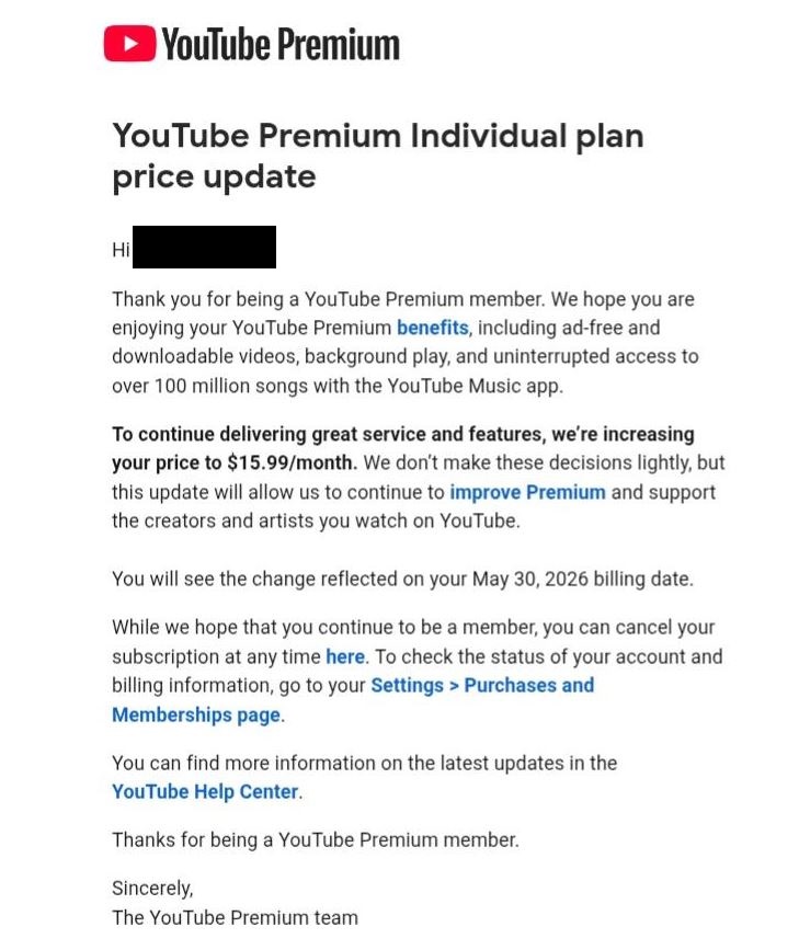 YouTube Premium Update on Subscription Price Increase on May 2026
